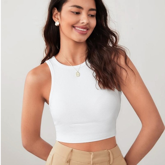 Rib-Knit White High Neck Crop Tank Top - Picture 2 of 16